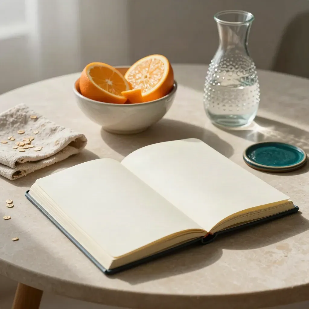 Open wellness notebook, citrus bowl and glass carafe on limestone in soft morning light.