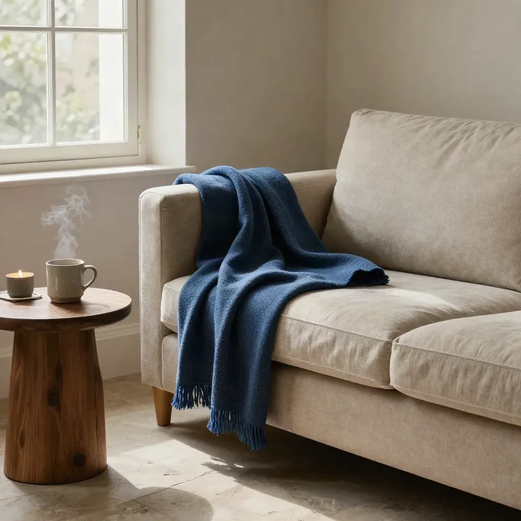 Cozy sofa corner with throw, steaming mug, unlit candle and side table in afternoon light.