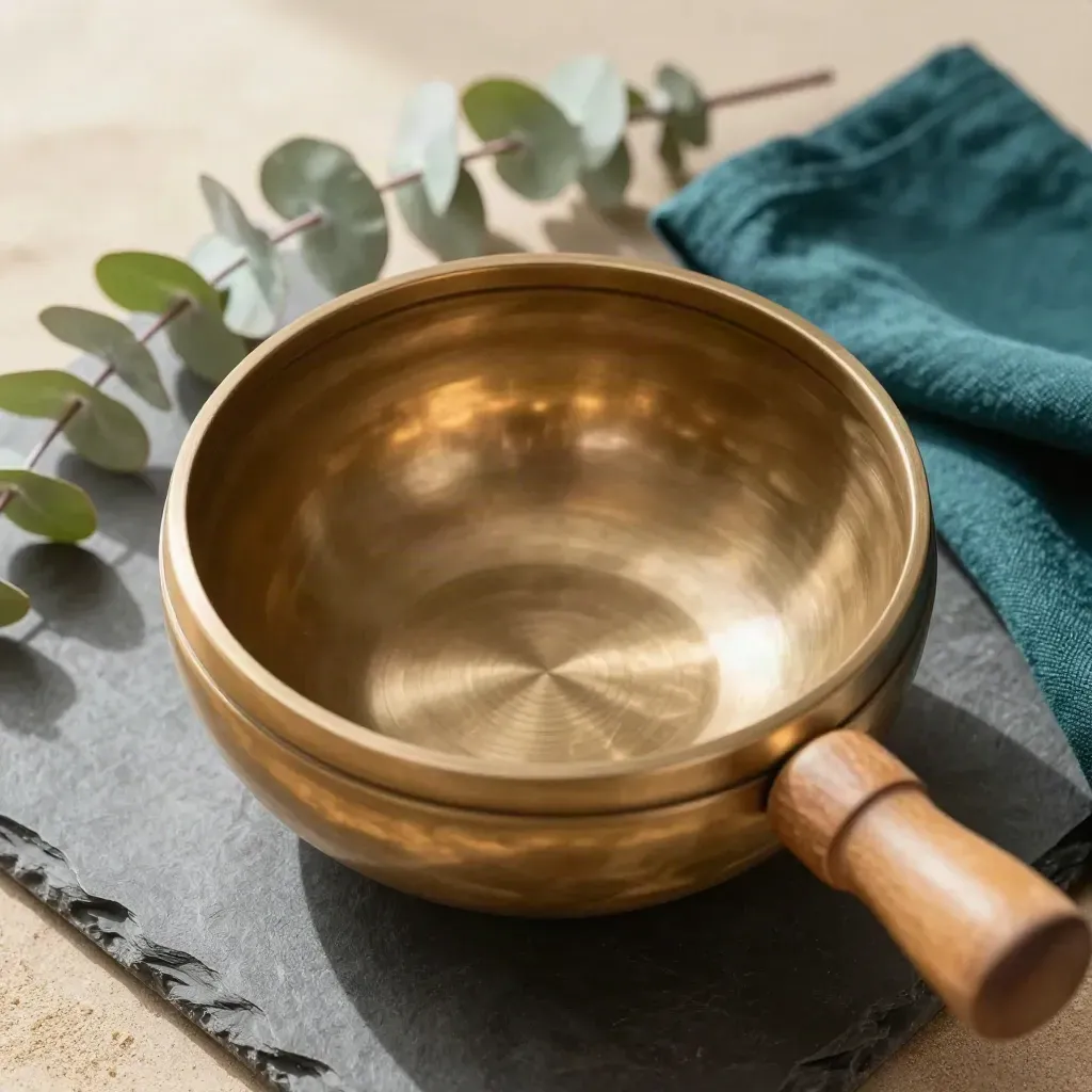 Overhead brass singing bowl with striker, eucalyptus and linen on graphite stone.