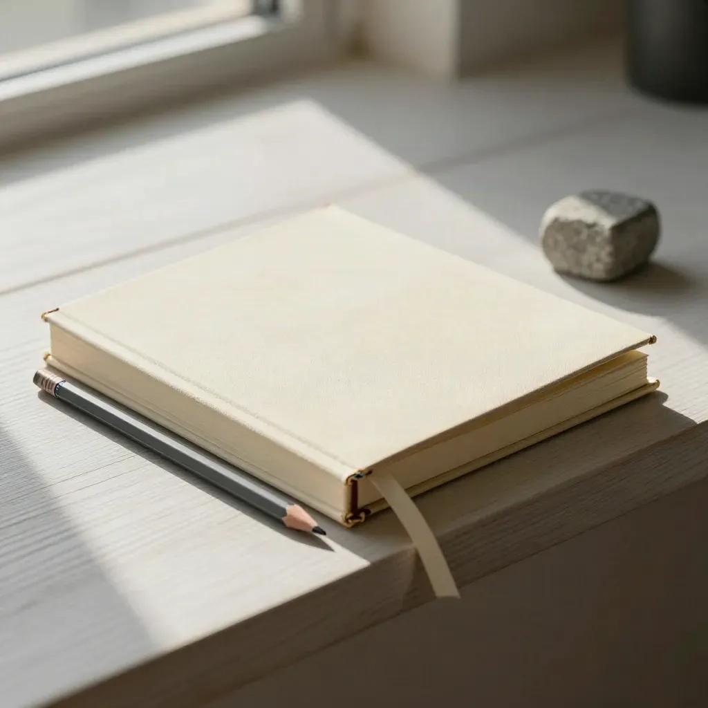 Closed clothbound journal with pencil, bookmark, and stone cube on pale wood in soft daylight.