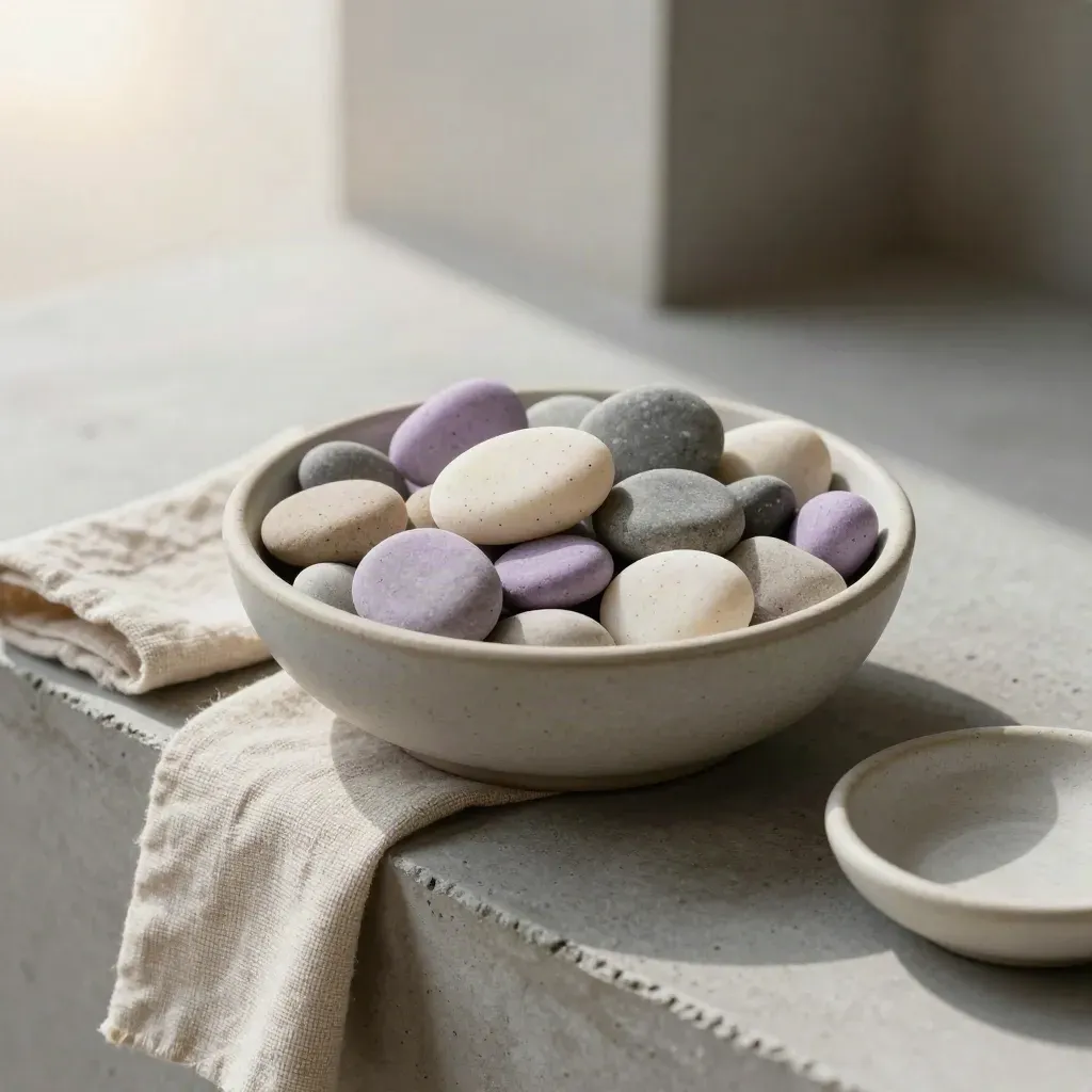 Mood pebbles sorted in a ceramic bowl beside folded linen on concrete.