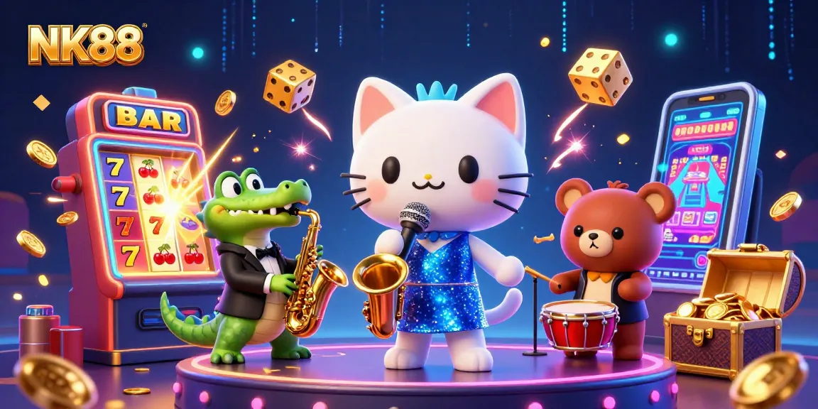 Experience the excitement of NK88 with a vibrant casino scene showcasing a jazzy cat singer, lively crocodile, and energetic bear!