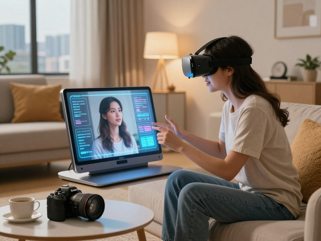 AI girlfriend engaging with a couple in a cozy high-tech living room, showcasing modern companionship with AI technology.