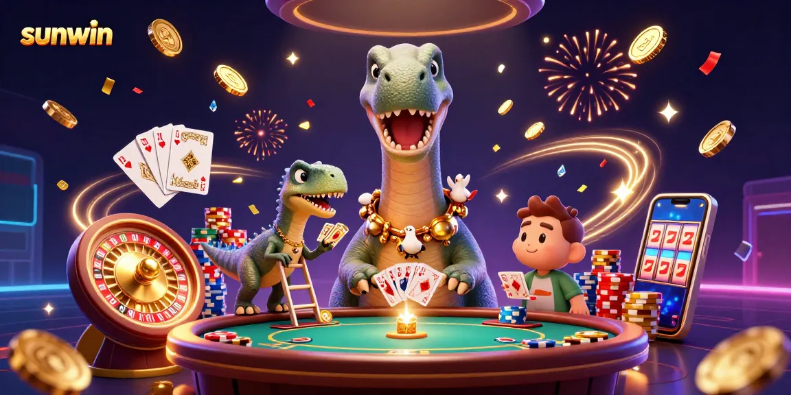 Spin to win at Sunwin Casino with a friendly brontosaurus and raptor card dealer!