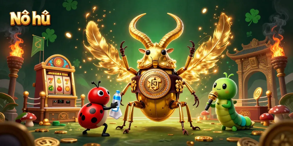 Nổ hũ features an epic showdown between a golden stag beetle and a ladybug corner-man in a vibrant slot scene.