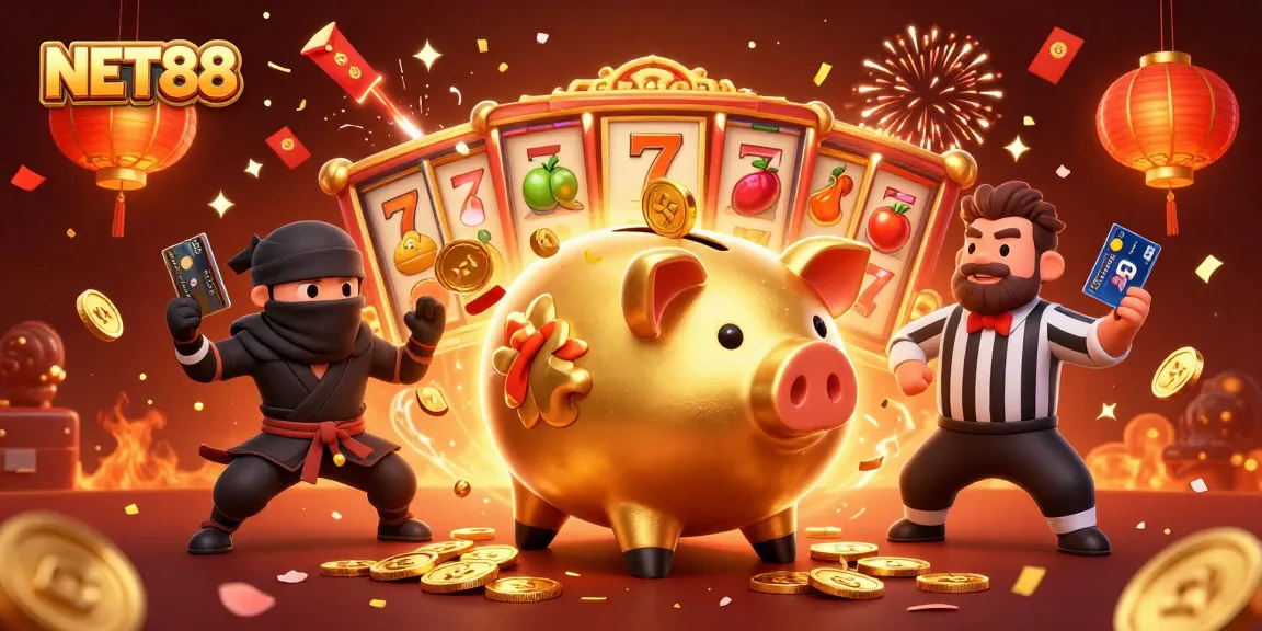 Engage with NET88 casino excitement featuring dynamic sumo wrestlers, coins, and vibrant slot elements.