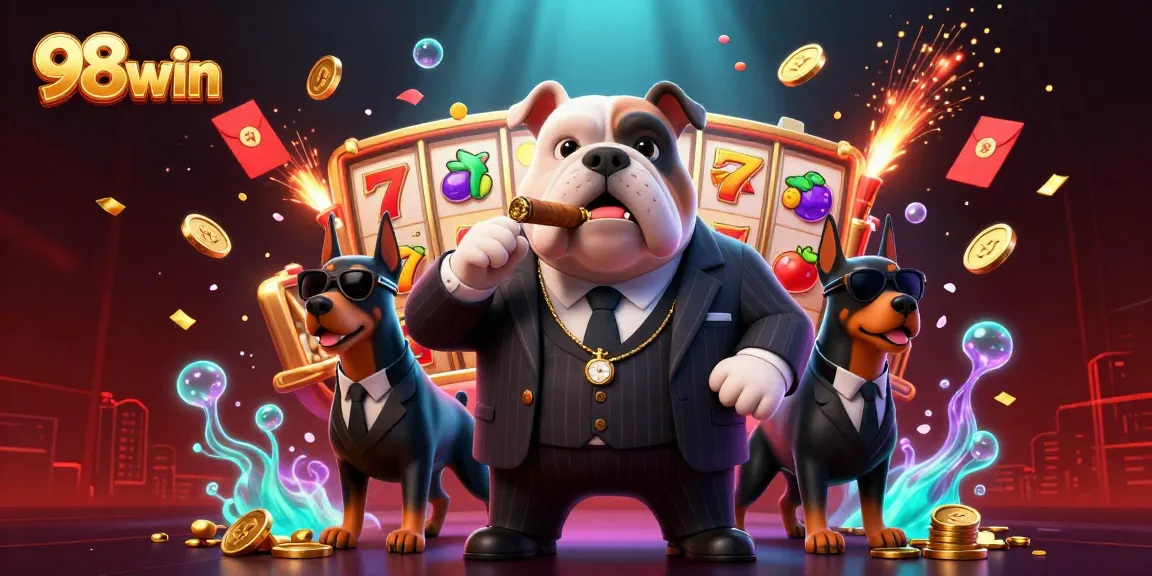 Experience the thrill of 98win with a dynamic casino illustration featuring a bulldog mob boss and jackpot slots.