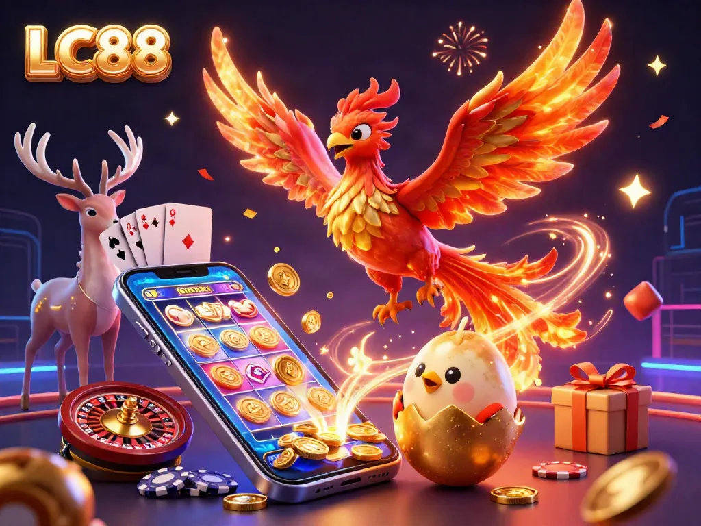 Experience thrilling gaming excitement with LC88 featuring a vibrant phoenix illustration amidst casino elements.