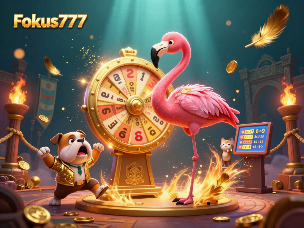 Engage with Fokus777's exciting casino atmosphere featuring vibrant game show characters.