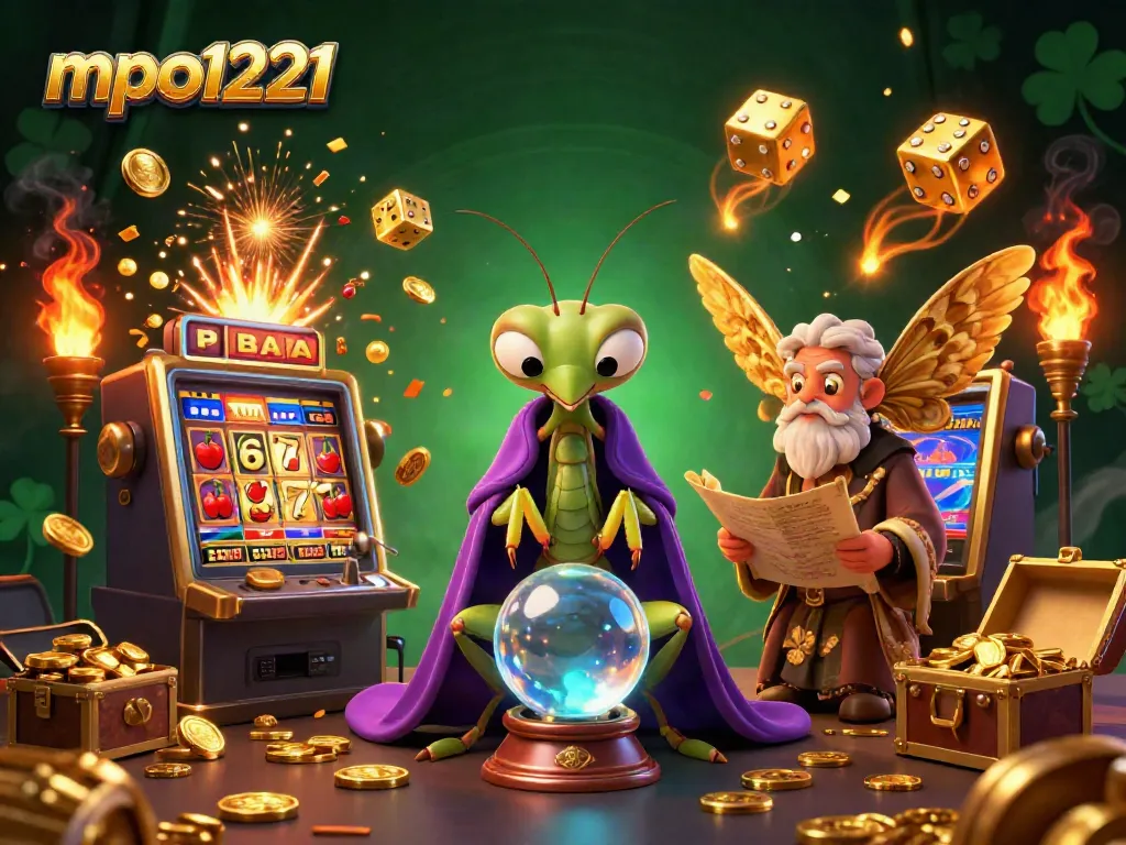 Engage with mpo1221 in this vibrant 3D illustration showcasing a mystical fortune teller with a crystal ball and jackpot excitement.