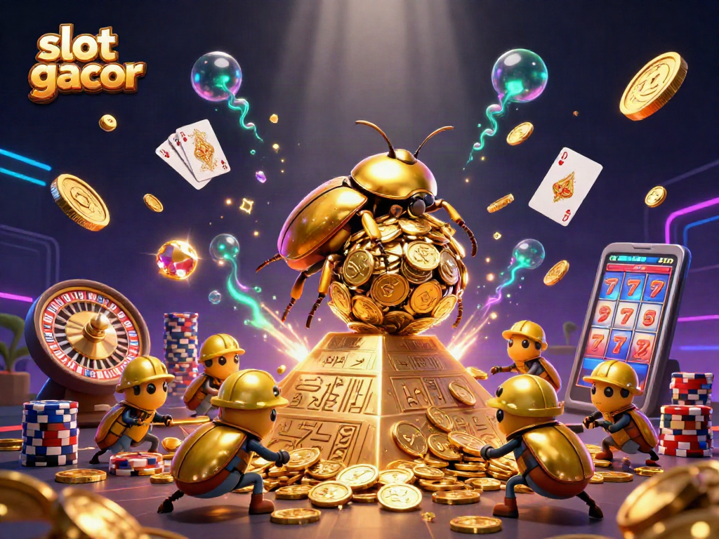 Engage with slot gacor featuring a golden dung beetle transporting coins amidst casino symbols.