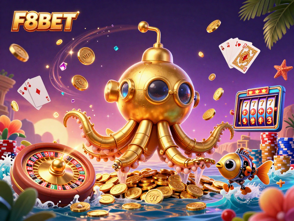 F8BET offers thrilling gaming experiences with a captivating 3D kraken and golden coins.