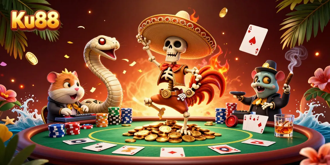 Engage in thrilling poker action with Ku88's vibrant casino scene showcasing animated characters.