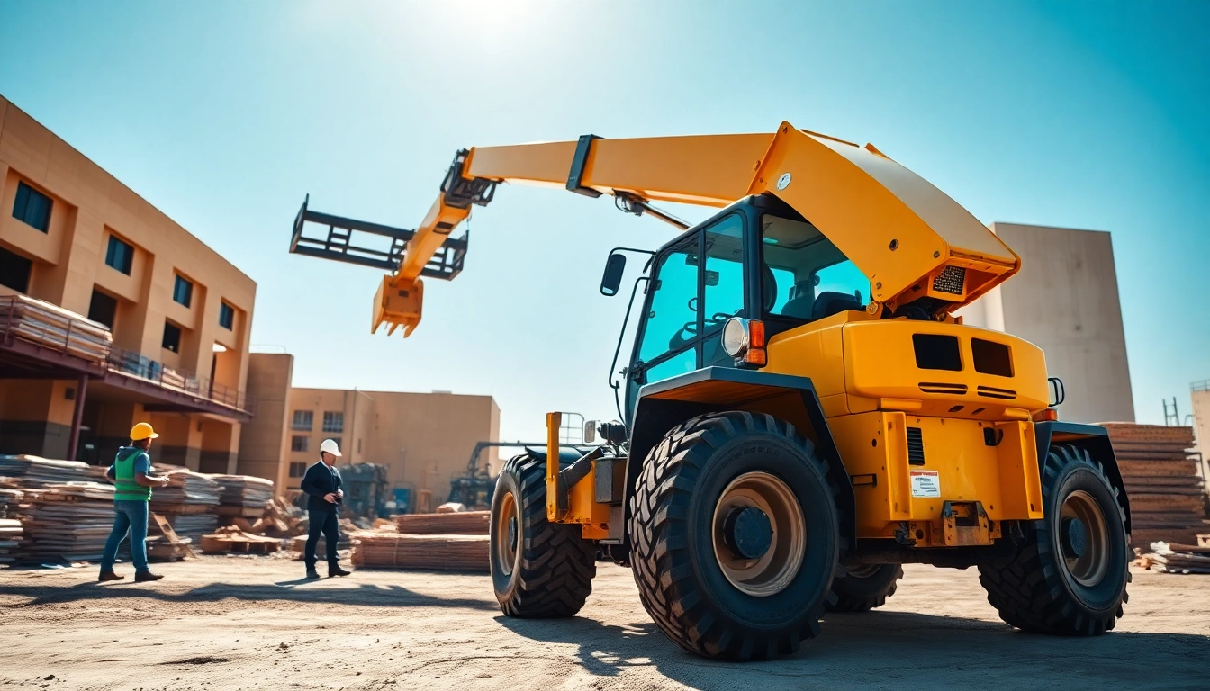 Lifting materials with a telehandler on a vibrant construction site.