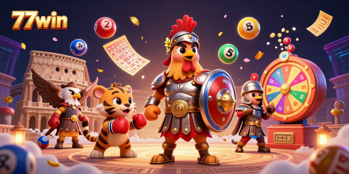 Experience gaming excitement with 77win’s dynamic illustration featuring a rooster gladiator and vibrant lottery elements.
