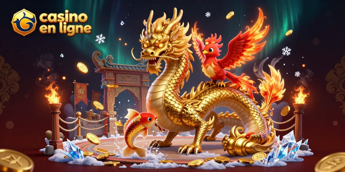 Découvrez des jeux passionnants au casino en ligne avec un dragon doré et pièces d'or scintillantes.