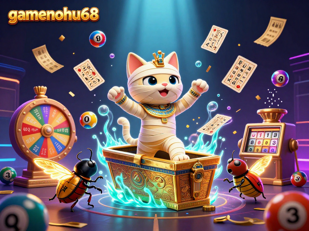 Join gamenohu68's thrilling adventure with a 3D Egyptian mummy cat in a vibrant casino scene!