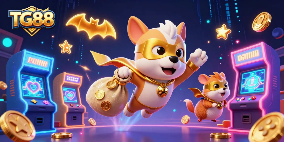 Experience the thrilling adventure with TG88 as a superhero dog and hamster navigate a vibrant gaming world filled with casino fun.