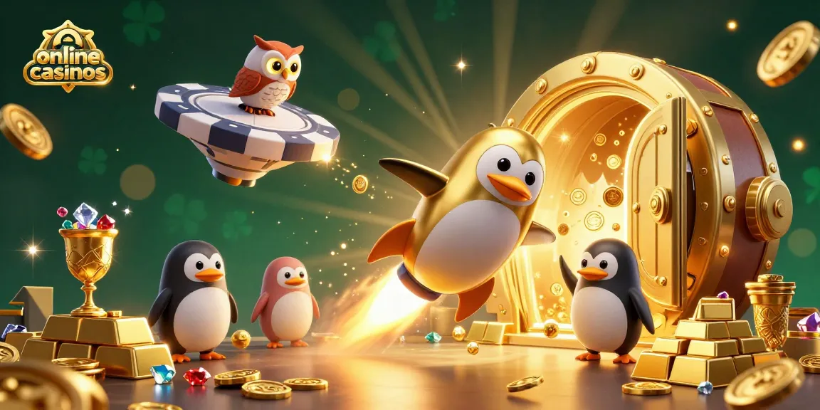 Blast off with the golden penguin at arab online casinos, headed to fortune in a vibrant cosmic scene.