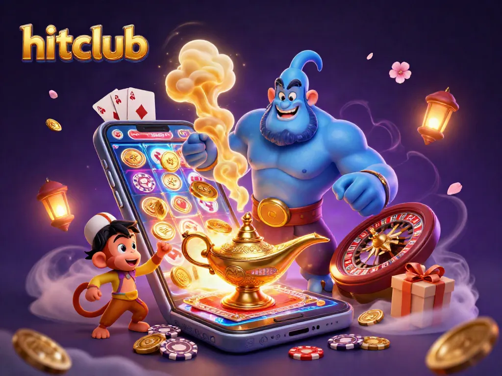 Hitclub offers an exciting scene with a genie, poker chips, and casino gaming elements for thrilling gameplay.
