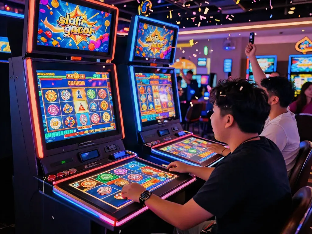 Engaging scene of a player enjoying slot gacor games in a lively digital casino.