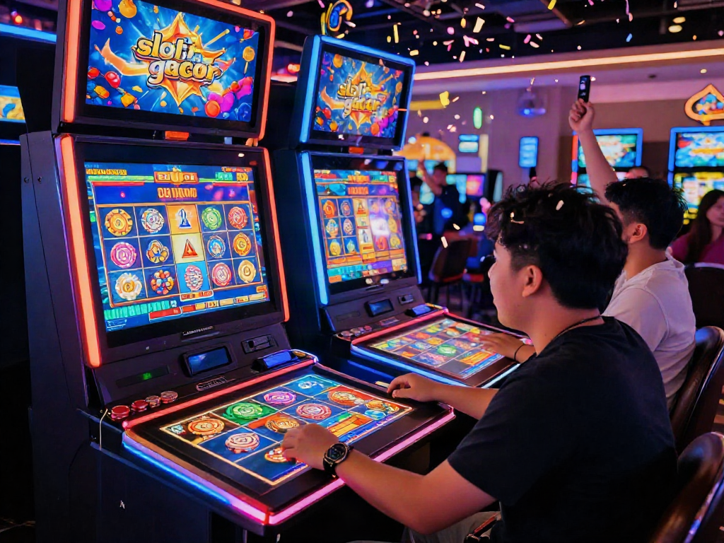 Engaging scene of a player enjoying slot gacor games in a lively digital casino.