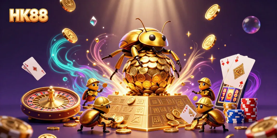 Engage with HK88's exciting casino world featuring a vibrant scene of golden coins and game elements.
