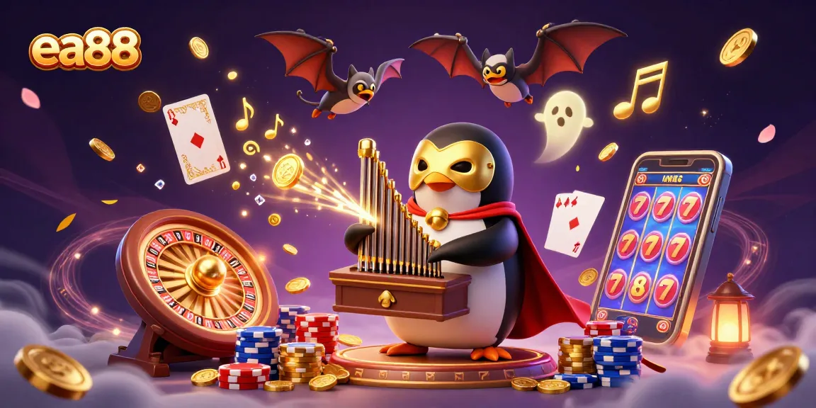 ea88 showcases thrilling gaming with a penguin organist releasing golden coins and casino elements.