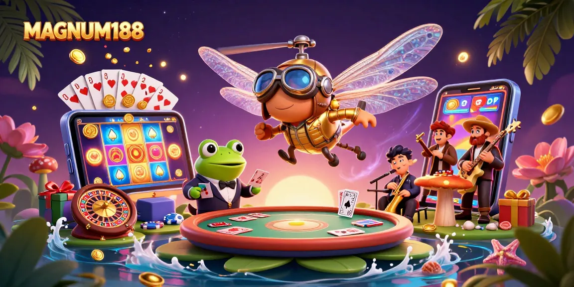 Experience thrilling play with MAGNUM188 at the vibrant lily pad casino featuring dynamic characters and gaming elements.