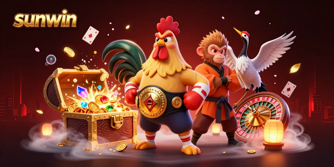 sunwin casino scene featuring a Muay Thai rooster, Shaolin monkey, and crane master surrounded by vibrant gambling elements