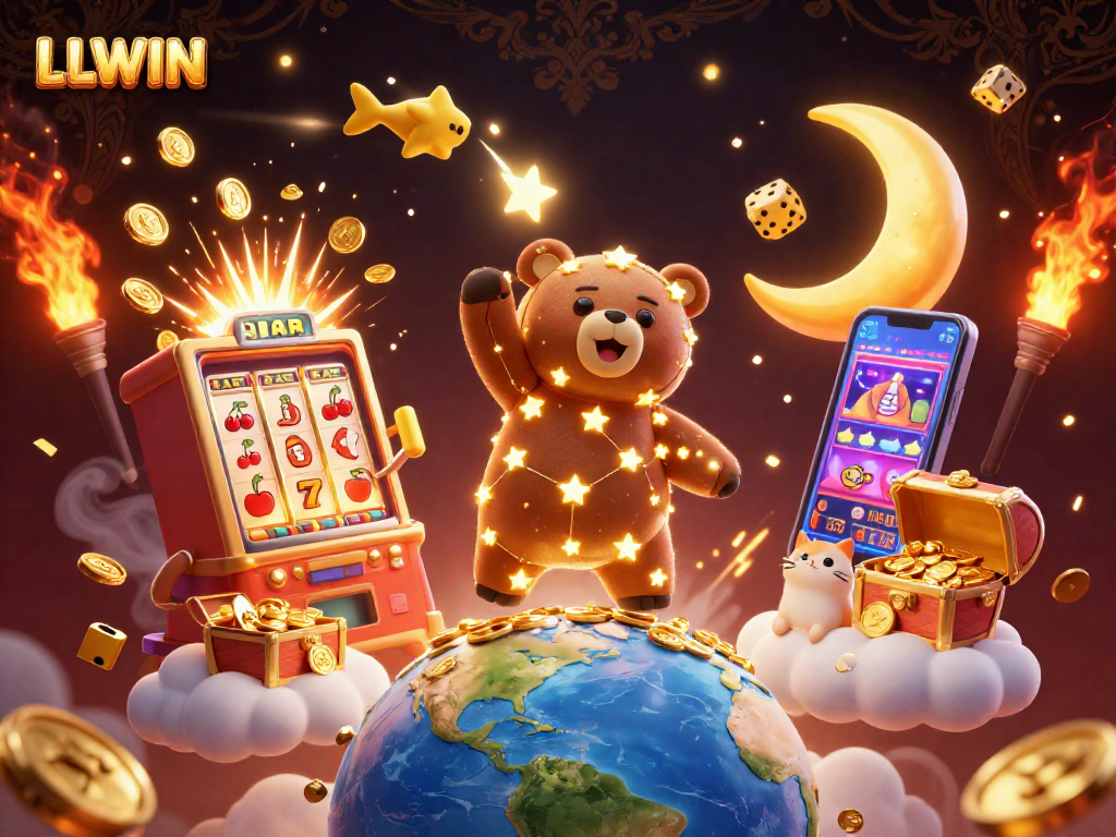 LLWIN's vibrant 3D casino illustration captures the excitement of gameplay with jackpot symbols, golden coins, and whimsical characters.