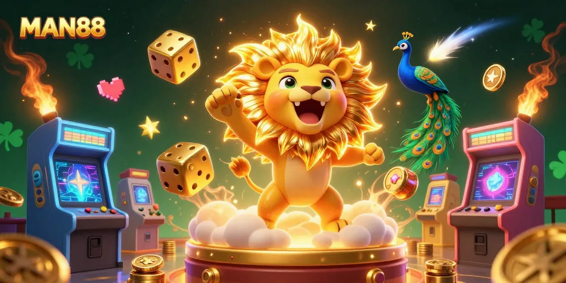 Experience thrilling gaming adventures with MAN88's vibrant 3D casino illustration featuring joyful elements.