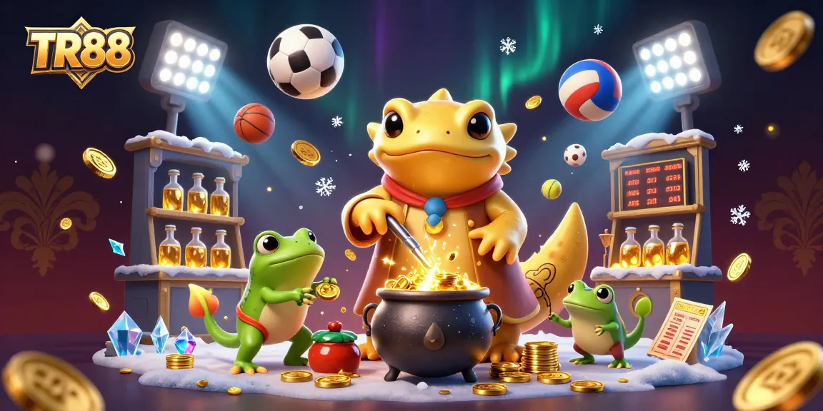 Engage with TR88's dynamic gaming scene showcasing a golden salamander alchemist and sports elements.