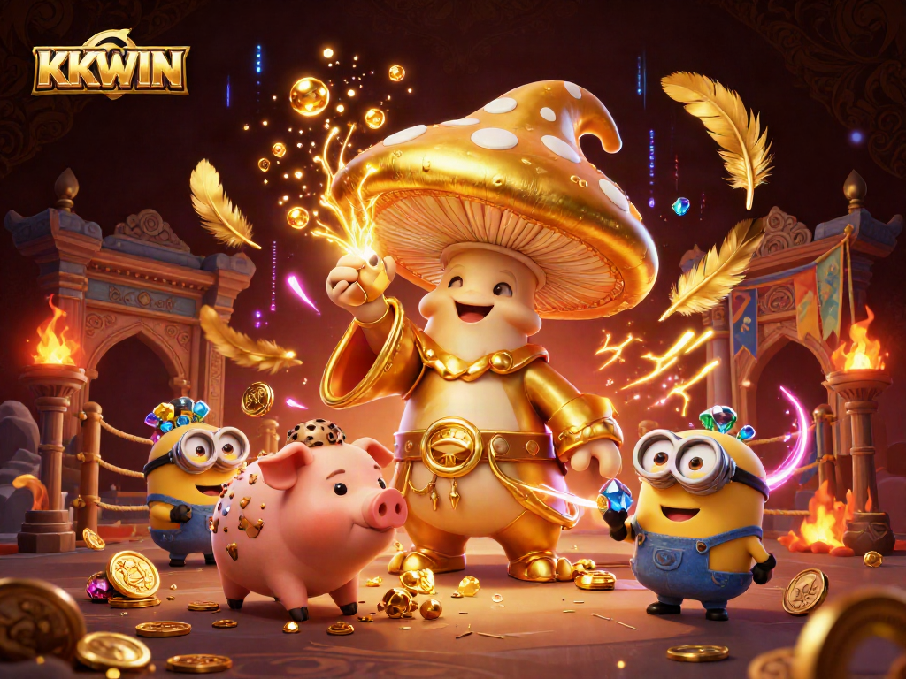 Experience KKWIN's magical casino adventure with golden treasure in a dynamic 3D illustration.