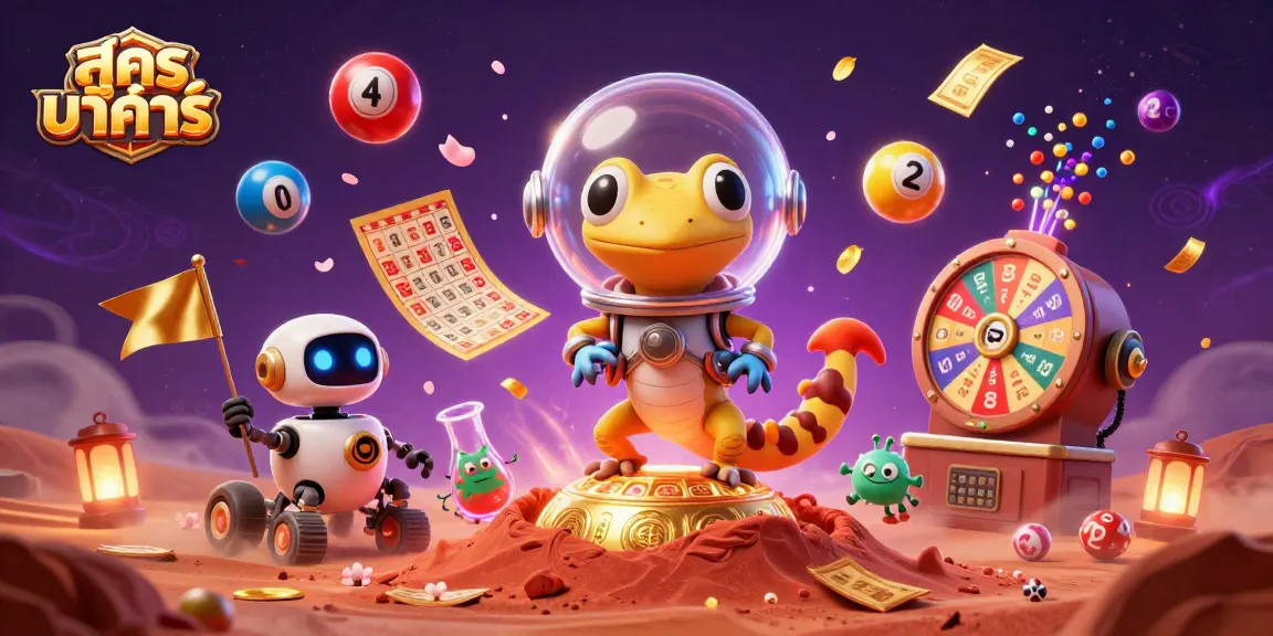 Experience สูตร บา ค่า ร่า in a vibrant Martian casino scene with lottery balls and cheerful aliens.