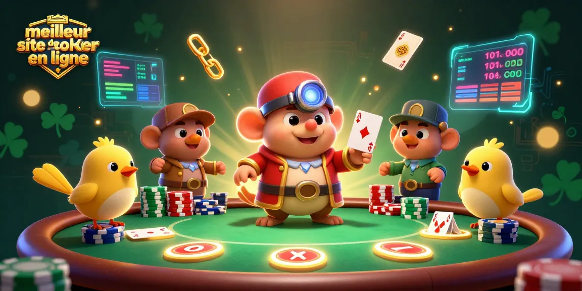 Cette illustration présente le meilleur site de poker en ligne avec un mole et un canari en action sur une table de poker, entourés de cartes et de jetons brillants.