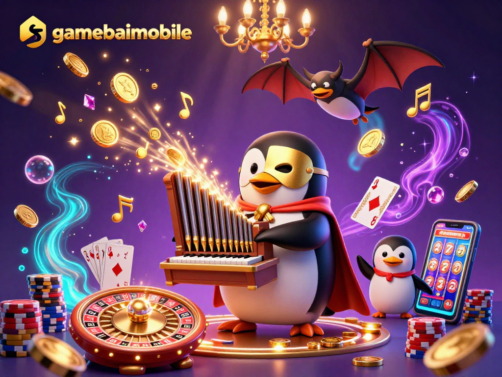 gamebaimobile features a unique 3D scene with a phantom penguin and ghostly musical notes amidst dynamic casino elements.