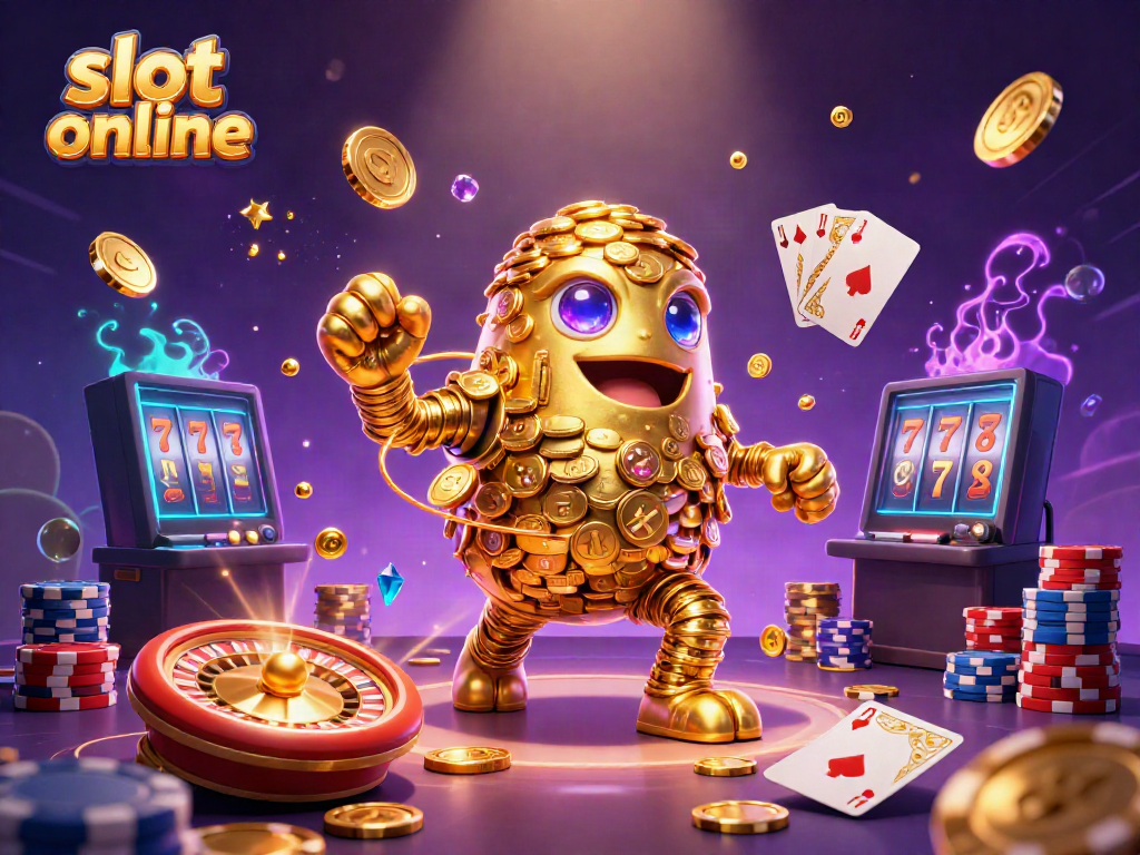 Engage with exciting slot online gameplay featuring a golden golem, casino elements, and dynamic rewards.