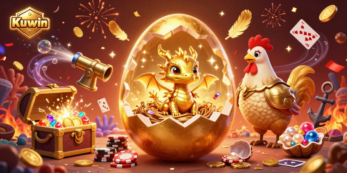 Kuwin's vibrant golden dragon emerges from a cracking egg amidst poker chips, surrounded by rich casino elements.