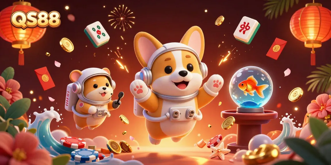 Experience the thrill of gambling with QS88 in a vibrant, action-packed casino scene with an astronaut corgi!