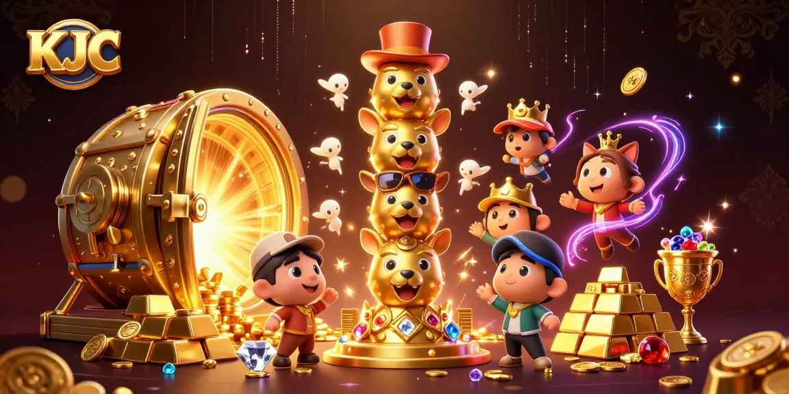 KJC's golden totem pole surrounded by piles of treasure and vibrant casino elements showcasing dynamic gaming.