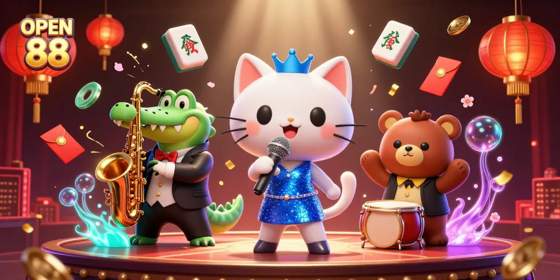 Engage with OPEN 88 in this vibrant casino scene featuring jazz-singer cat and friends.