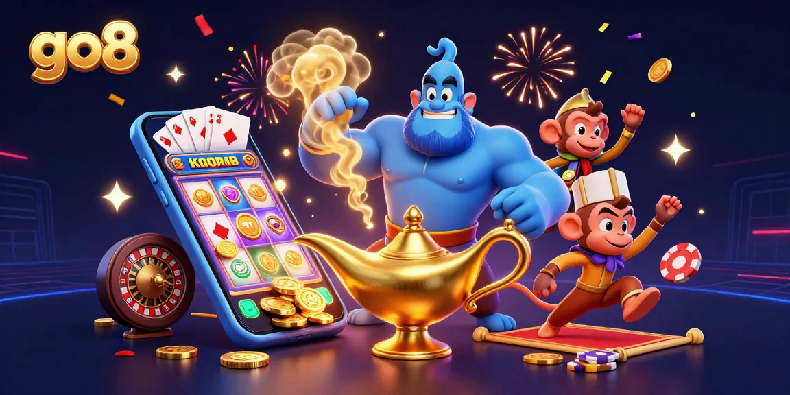 Engage with go8's exciting online gaming experience filled with vibrant casino elements and characters.