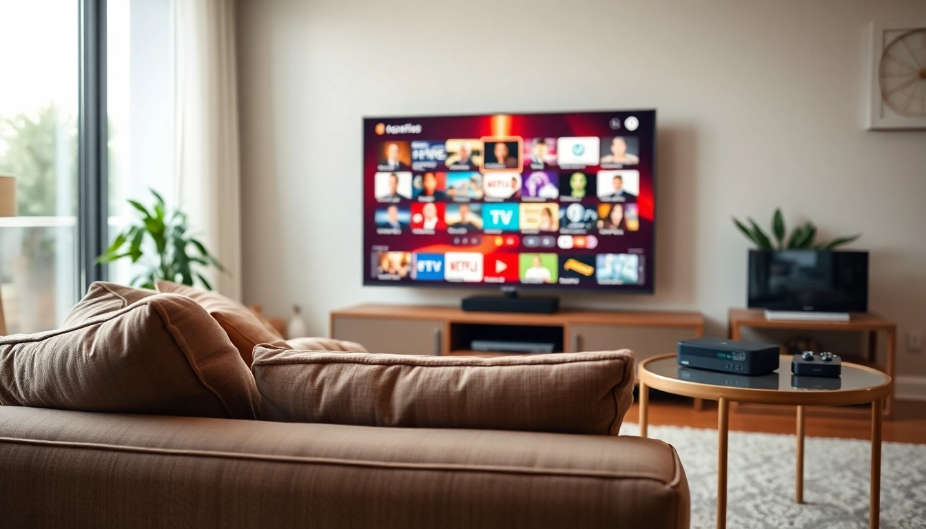 Experience FREE IPTV Trial setup in a cozy living room with vibrant channels displayed on a modern TV.
