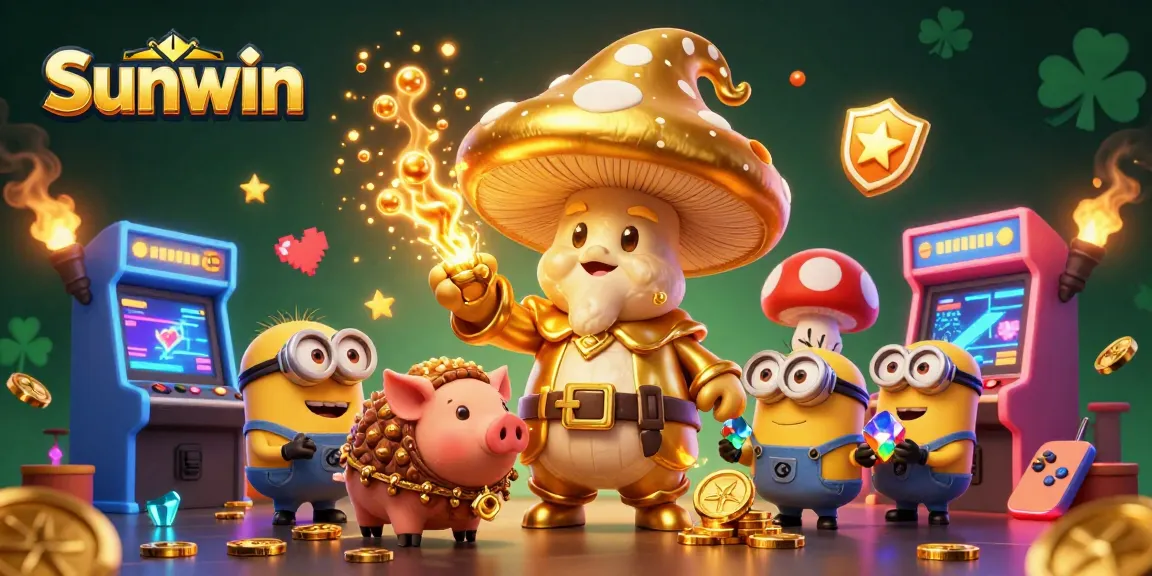 Experience the thrilling magic of Sunwin as the golden mushroom wizard channels luck in this 3D casino scene.