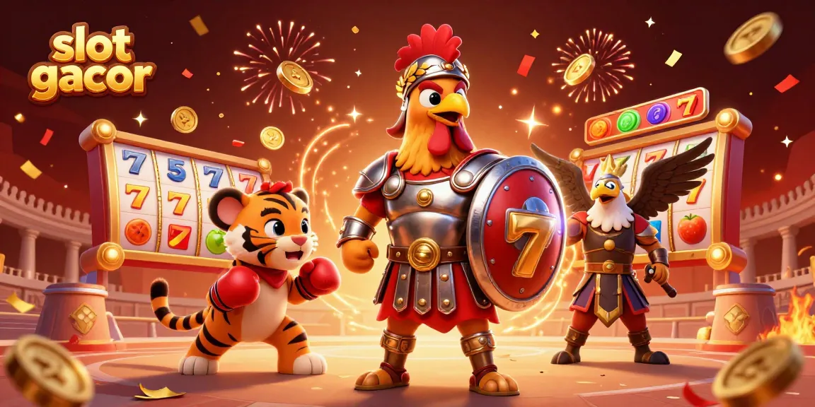Engage in thrilling slot gacor action amidst golden confetti and vivid game elements.