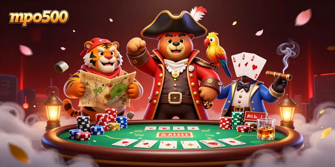 Win big with mpo500: 3D illustration featuring a pirate bear, a fierce tiger, and a golden-feathered parrot.