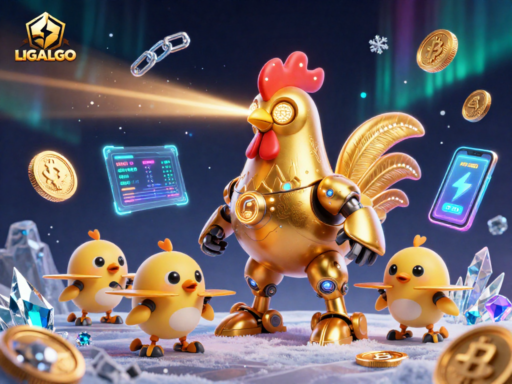 LIGALGO showcases a vibrant 3D illustration of a golden rooster robot in a crypto-infused casino atmosphere.