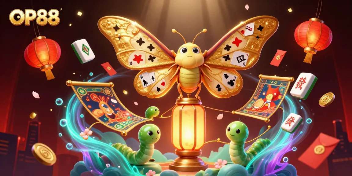 Experience the thrill of OP88 with vibrant casino elements and captivating golden moth imagery.