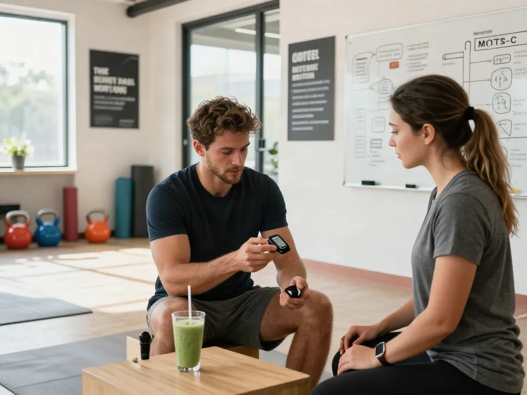 MOTS-C peptide benefits discussed in a vibrant fitness studio with an athlete and coach.